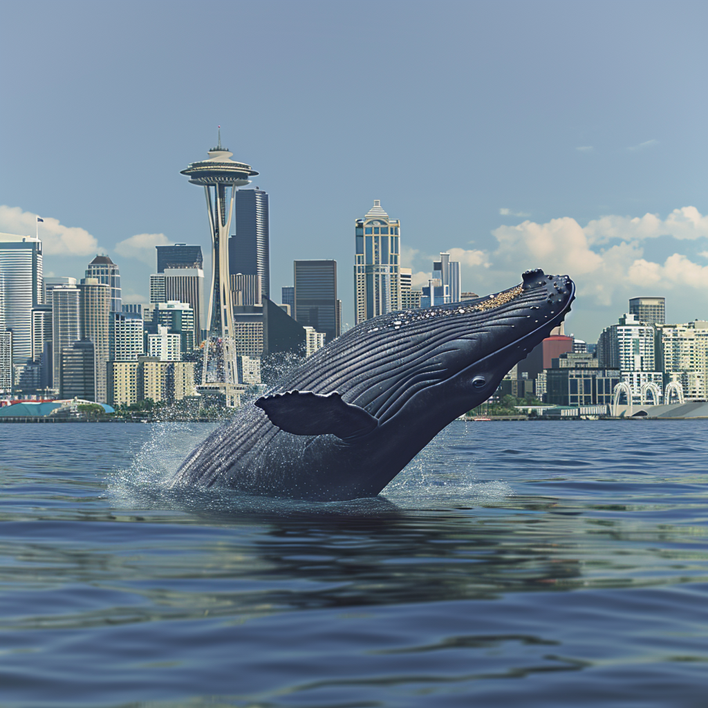 orca in front of seattle skyline - midjourney
